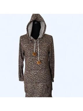 Y2K Zanzea Leopard Print Hooded Mini Dress Pom Pom Tie Size small